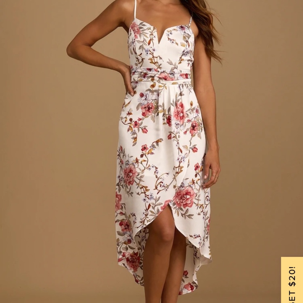 LULUs My Favorite Day Ivory Floral Print Tulip Midi Dress